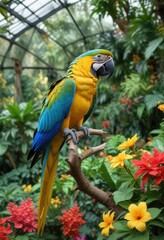 Blue and gold macaw perched on a branch with vibrant green leaves and colorful flowers surrounding it in the Bloedel Conservatory, flowers, blue, branches