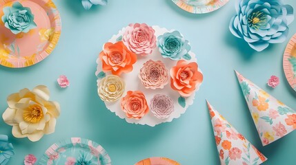 Fototapeta premium Pastel paper flowers arranged on a light blue background with floral plates and party hats. Perfect for springtime celebrations, birthdays, or feminine branding.