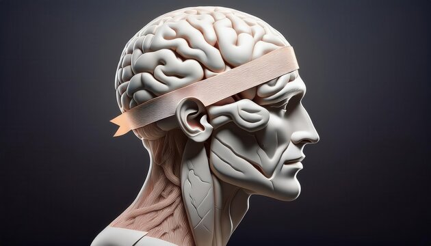 A realistic human brain model with a white bandage wrapped around it, symbolizing healing, mental health, or recovery, set against a neutral background.
