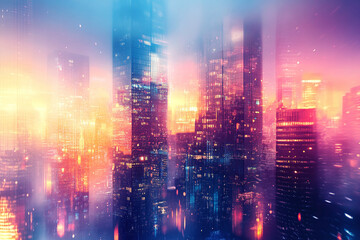 Fototapeta premium Tranquil City Skyline with Sunset Reflections, Modern Architecture, and Pastel Tones Creating a Serene Urban Landscape