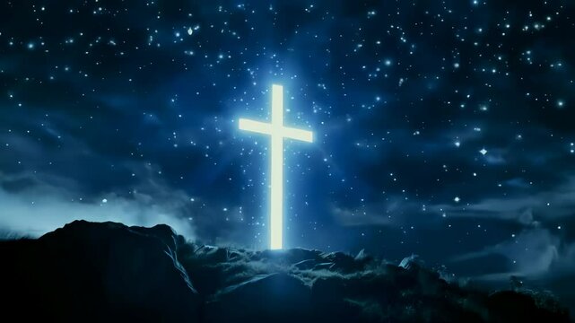 Illuminated Cross at Night with Stars