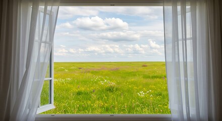 Fototapeta premium Bright sunlit open window with white sheer curtains overlooking a vibrant green meadow under a beautiful cloudy blue sky, concept for freedom, new opportunities and natural escape.