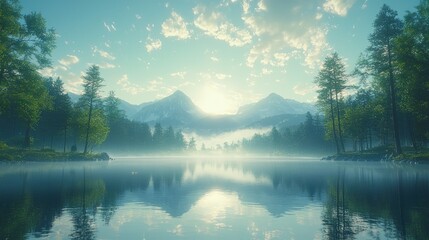 Naklejka premium Serene Mountain Lake at Sunrise