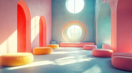 a surreal classroom where floating geometric shapes form students and teacher rendered in dreamy...