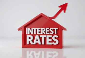 A red house-shaped figure with an upward arrow represents rising interest rates on a white background.