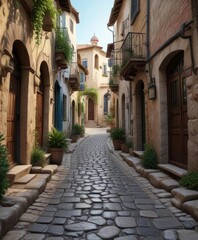 Obraz premium Charming cobblestone street in Mediterranean village, architecture, travel, cobblestone street