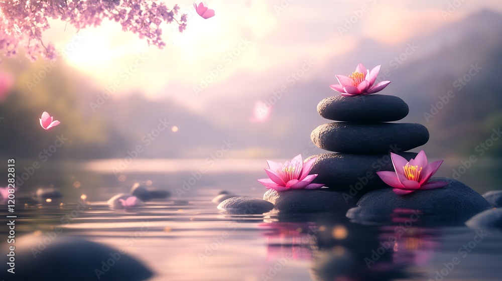 Poster tranquil lotus on zen stone stack in misty lake for meditation zen art : generative ai
