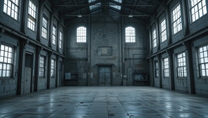 Fototapeta premium The vast, unoccupied warehouse features tall windows that allow the soft afternoon light to filter through, creating patterns on the concrete floor