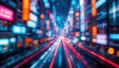 Obraz premium Electric colors illuminate the streets as vehicles glide through a vibrant cityscape at night. The glow of neon signs creates a lively atmosphere filled with energy and excitement