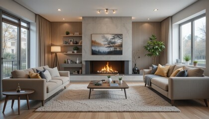 A beautifully designed living room features a glowing fireplace, elegant furniture, and tasteful decor. Natural light pours in, creating a welcoming atmosphere perfect for relaxation