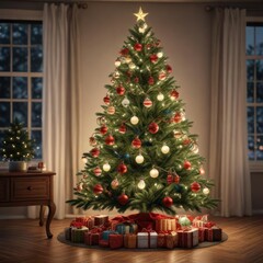 Christmas tree decorated with ornaments and lights, holiday tradition, twinkling stars