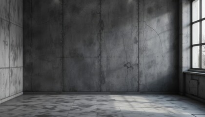 Clean lines and raw materials define this expansive concrete space, where soft light filters through a large window, creating intriguing shadows on the floor