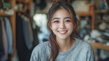 Portrait of a Smiling Young Woman in a Cozy Room