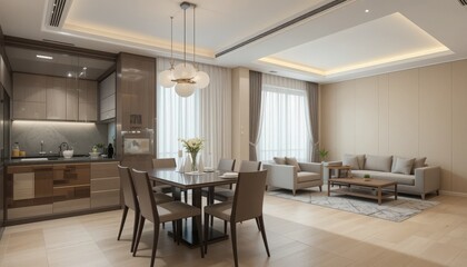 A spacious modern apartment features a stylish dining table set for four, stylish chairs, and an inviting living area with soft gray sofas