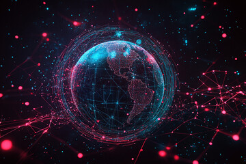 Obraz premium Futuristic Global Network with Digital Connections and Glowing Data Points in a Tech-Inspired Abstract Earth Design