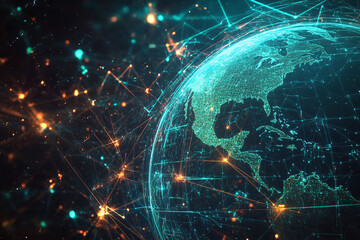 Obraz premium Futuristic Global Network with Digital Connections and Glowing Data Points in a Tech-Inspired Abstract Earth Design