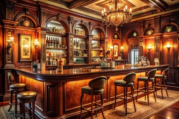 Classic cocktail bar with ornate wooden details and vintage posters, classic cocktail bar, wood paneling, old clockwork mechanisms