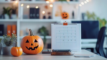 Halloween-Themed Office Desk with Calendar and Decorative Pumpkins