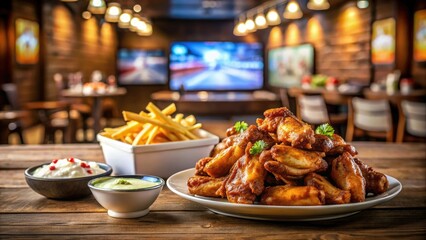 Close-up of a delicious plate of wings and fries on a wooden table in the background with a big screen showing a live game, restaurant tables, sports bar food