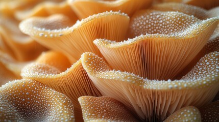 Fototapeta premium Close-up of orange mushrooms with textured gills and delicate white spores.