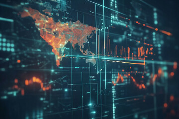 Obraz premium Global Network Map with Illuminated Digital Connections Highlighting International Communication, Cyber Technology, and Futuristic Data Visualization