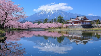 Fototapeta premium Serene Spring in Japan: Cherry Blossoms, Mountain Reflection, and Ancient Pavilion