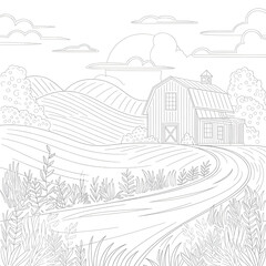 Fototapeta premium a line art illustration nature also cloud and road side house coloring page 