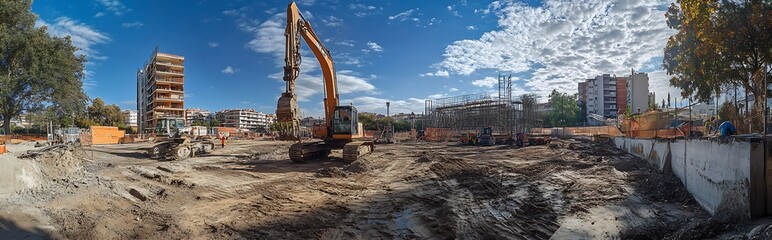 Wide View of Construction Site with Excavator and Building Development : Generative AI