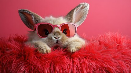 A Cool Bunny Wearing Pink Sunglasses on Red Fur