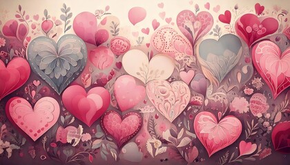 Abstract Valentine's Day pattern with geometric hearts, floral flourishes, and light pink and lavender hues.