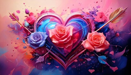 Romantic arrangement of intertwined hearts, arrows, and roses on a pastel pink background, evoking love and affection.