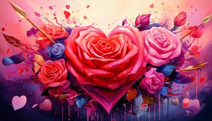 Delicate love symbols such as intertwined hearts, arrows, and roses arranged in a soft pastel pink background.