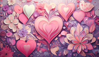 Abstract Valentine's Day pattern featuring geometric hearts, floral flourishes, and soft pink and lavender tones.