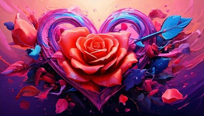 Intertwined hearts, arrows, and roses arranged delicately on a pastel pink background, symbolizing love.