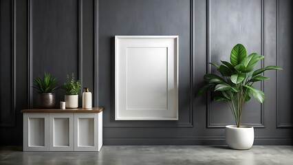 Frame mockup in cozy dark blue bedroom interior, 3d render, white Mock up