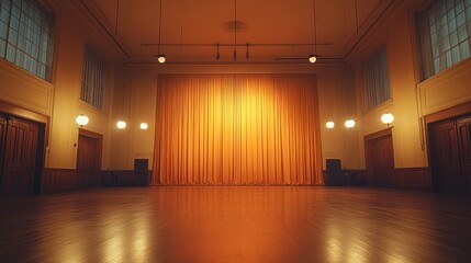 Ballroom Stage, Golden Curtains, Evening Event