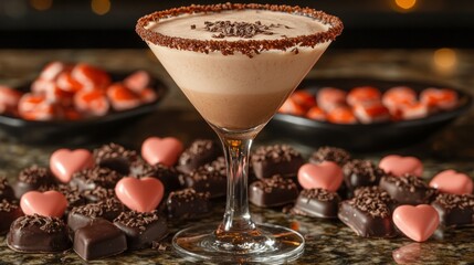 A decadent Chocolate Martini and assorted heart-shaped chocolates, perfect for Valentine's Day or a romantic evening.