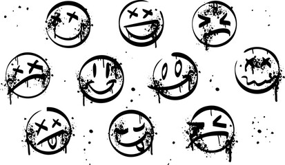 Smile graffiti spray. Airbrush sketch sticker. Black ink drop face. Grunge urban character