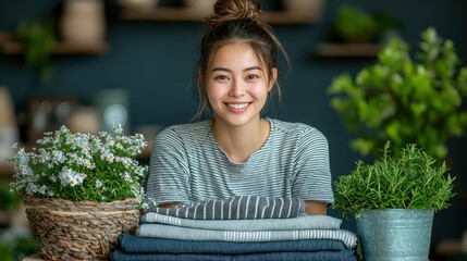 Smiling Woman with Folded Clothes and Plants
