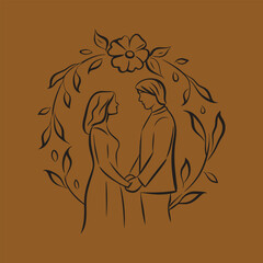 A couple standing together, framed by a wreath of delicate flowers and leaves