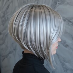 Woman hair color with silver hair color with a glossy finish, styled in a sharp angled bob