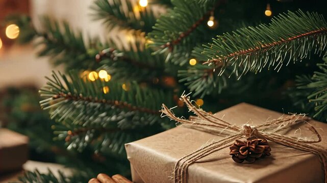 Christmas gift under tree with pine branches and cinnamon sticks in cozy holiday setting