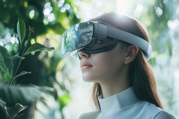 Woman wearing VR headset, immersed in a virtual forest scene, experiencing nature through technology.