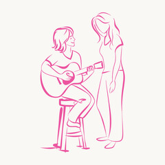 A partner playing a guitar while sitting on a stool.