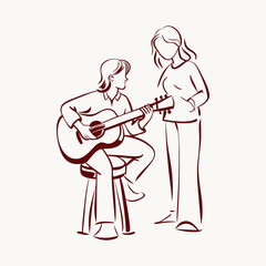 A partner playing a guitar while sitting on a stool.