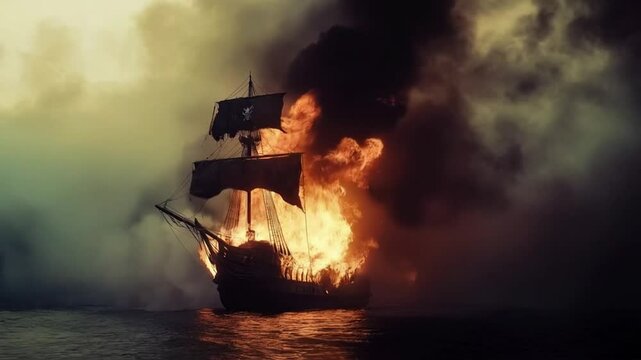 Scene of fiery pirates ship at sea video, smooth repeating motion for background video animation.