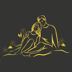 A seated couple, with the woman resting her head on the man's shoulder.