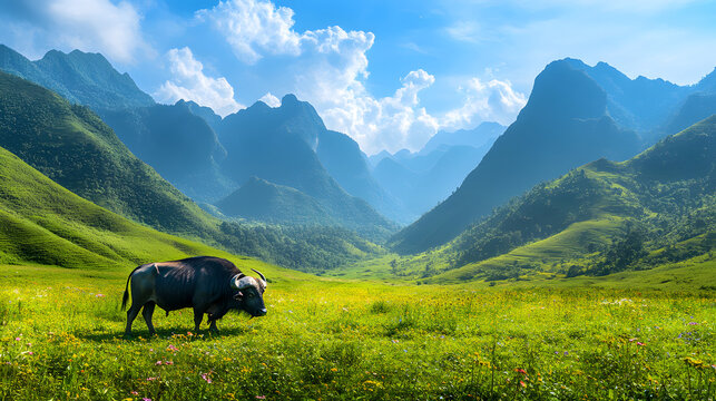 A Majestic Tamaraw Buffalo Grazing in a Serene Lush Valley Surrounded by Nature's Beauty