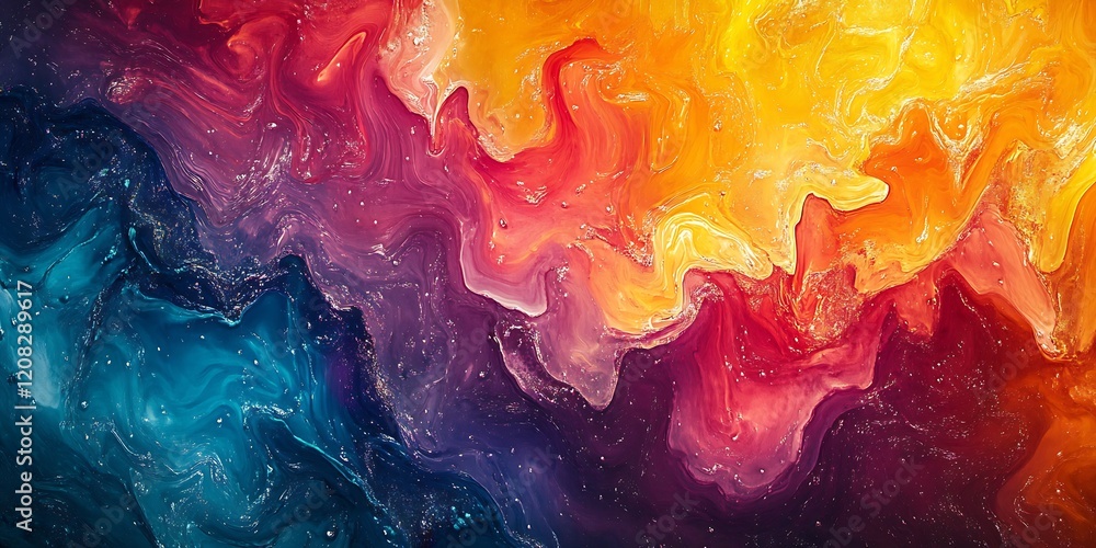 Poster Abstract flowing chromatic patterns mixing vibrant reds blues and yellows : Generative AI
