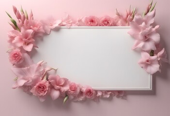 A simple white banner with pink and peach Gladioli in the corners, petals scattered lightly, and a large blank area for text in the center